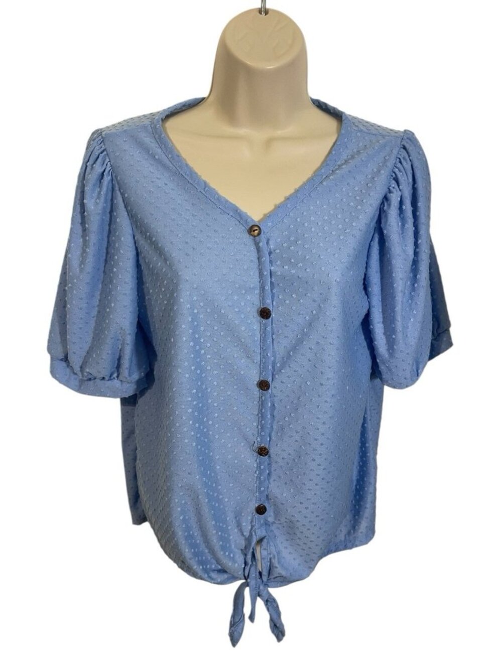 NY COLLECTION Women's Size Small Swiss Dot Tie Front Top Cornflower Blue $44.00